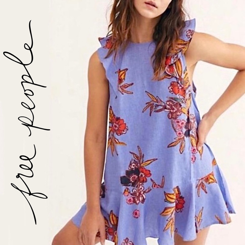 Free People Summer In Tulum Sleeveless Ruffle Tunic Blue Floral Mini Dress Small